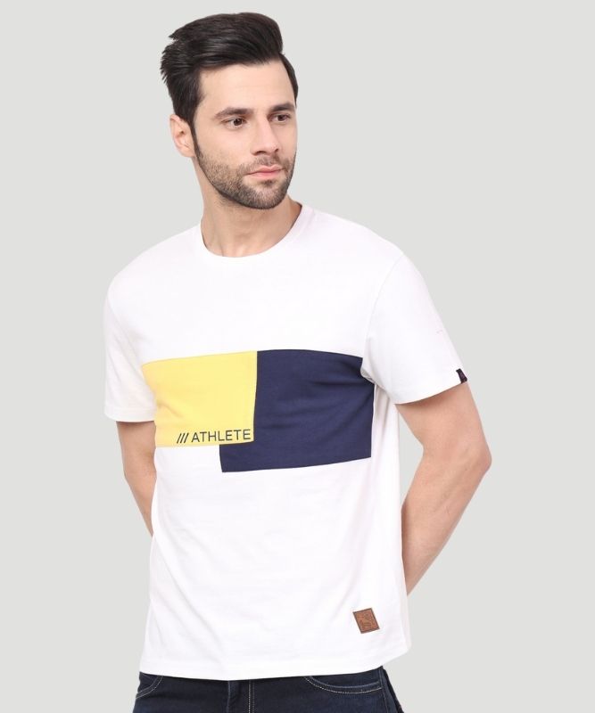 Men's White Colourblock Half Sleeves Regular Fit T-Shirt